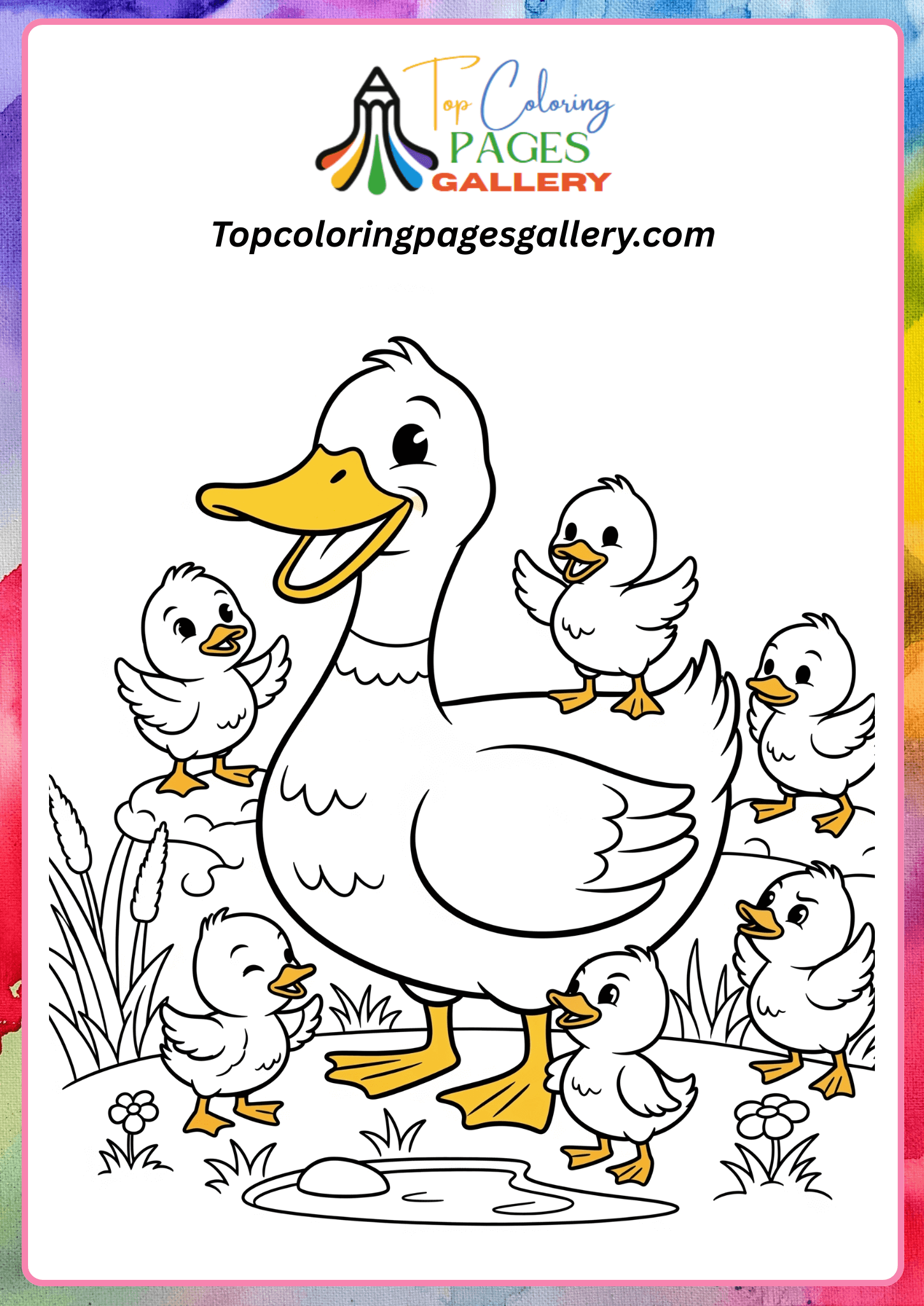 duck coloring page with chicks