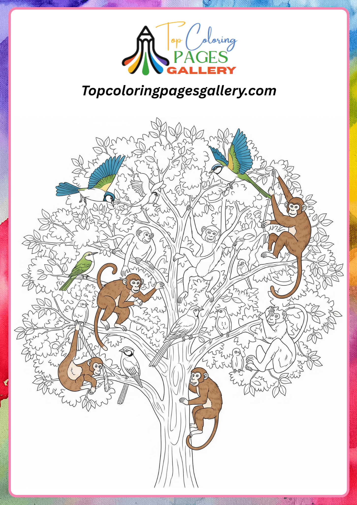 Bird monkey on tree coloring page
