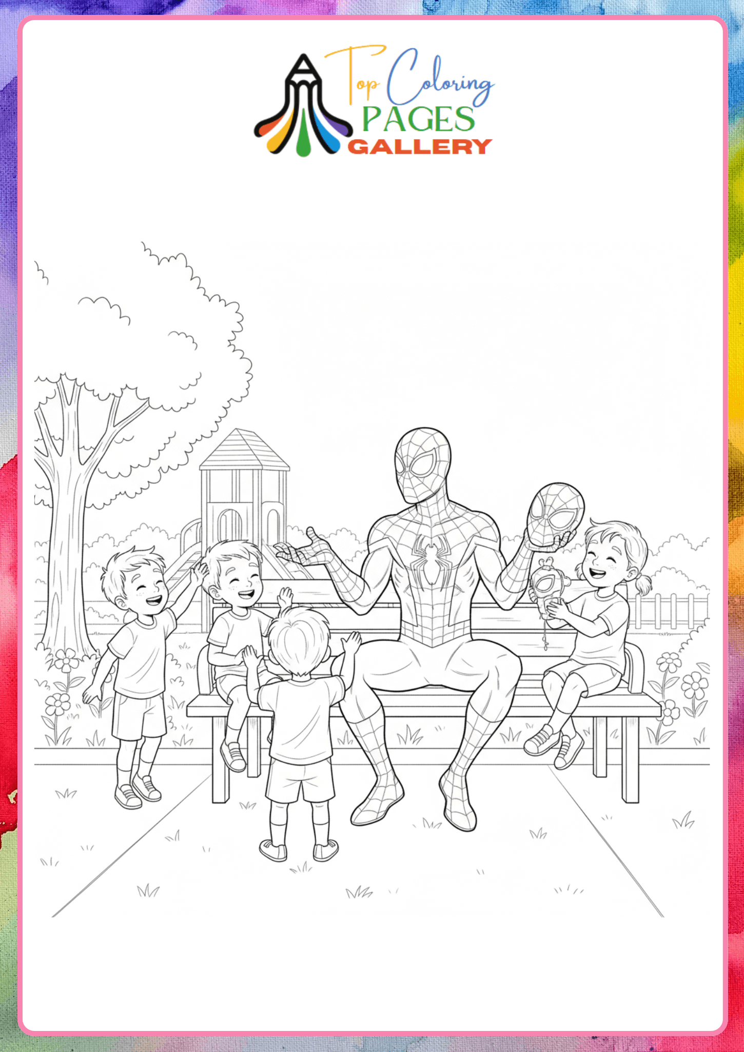 spiderman with kids coloring pdf
